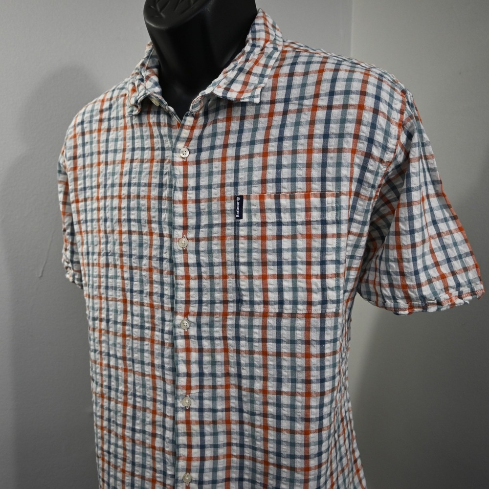 Barbour Seersucker Button Up Mens L Regular Fit Orange Gray Plaid Short‎ Sleeve